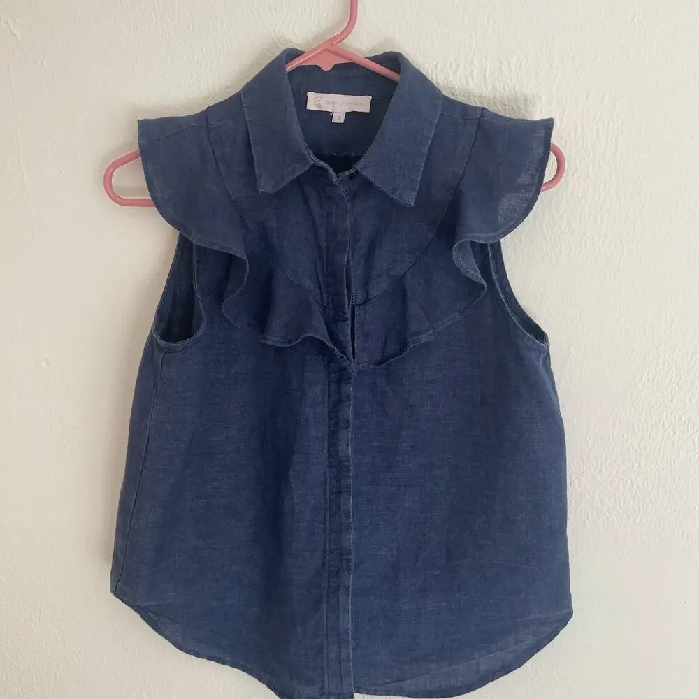 Women’s Corey Lynn Calter Blue Linen Button up Sleeveless Top with Ruffles.Small - Picture 2 of 8